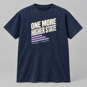 One More Higher State Tee in washed navy with a compact chest print — concept mockup