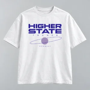 Higher State Trance Tee in white / purple / cyan with a compact chest print — concept mockup