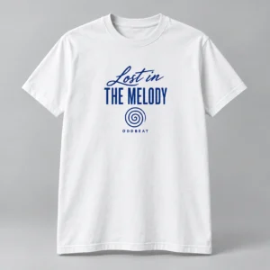 Lost In The Melody Tee in white with a compact chest print — concept mockup