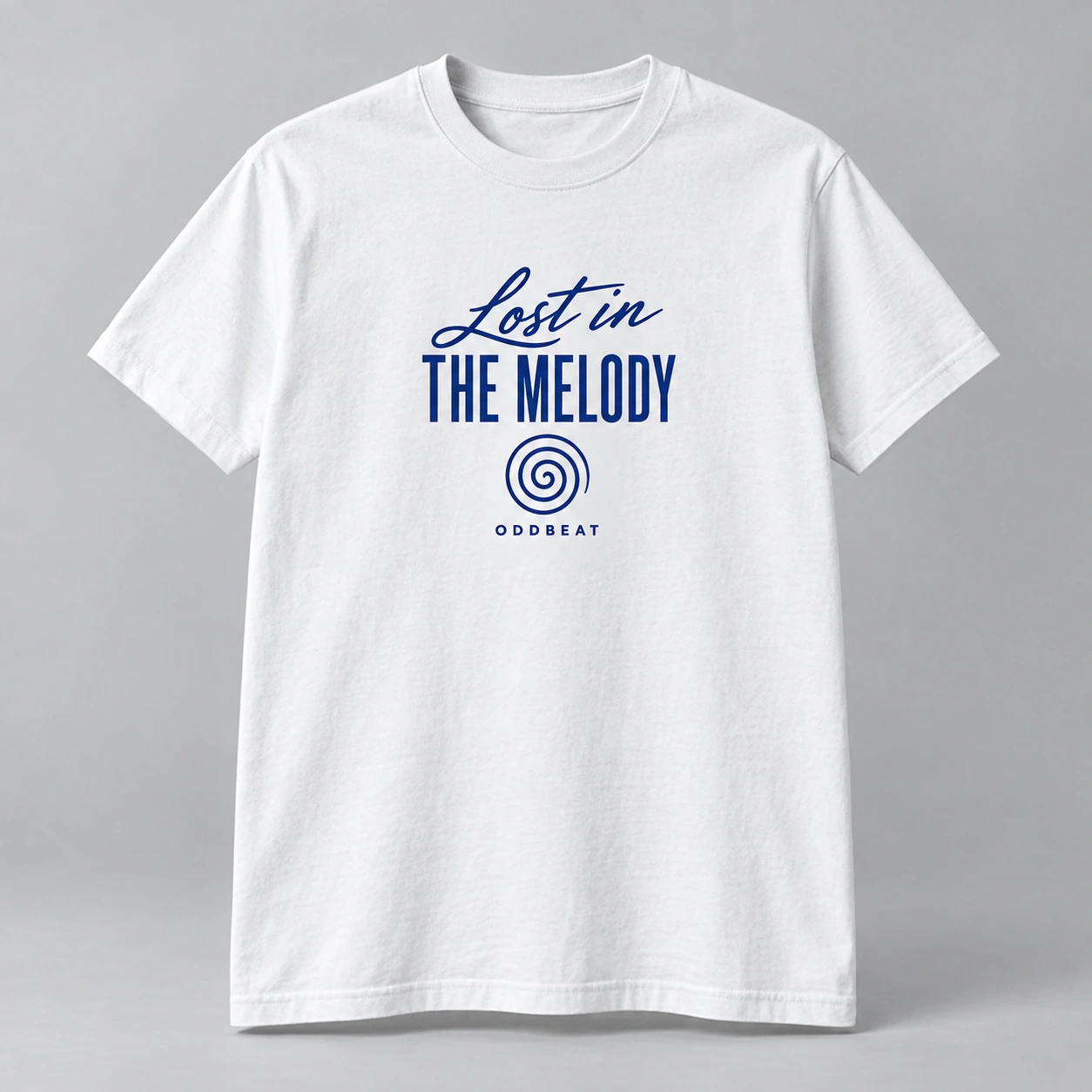 Lost In The Melody Tee in white with a compact chest print — concept mockup