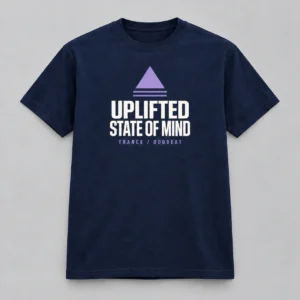 Uplifted State Of Mind Tee in navy with a compact chest print — concept mockup