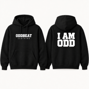 I AM ODD Varsity Hoodie in Deep Black, front and back design mockup